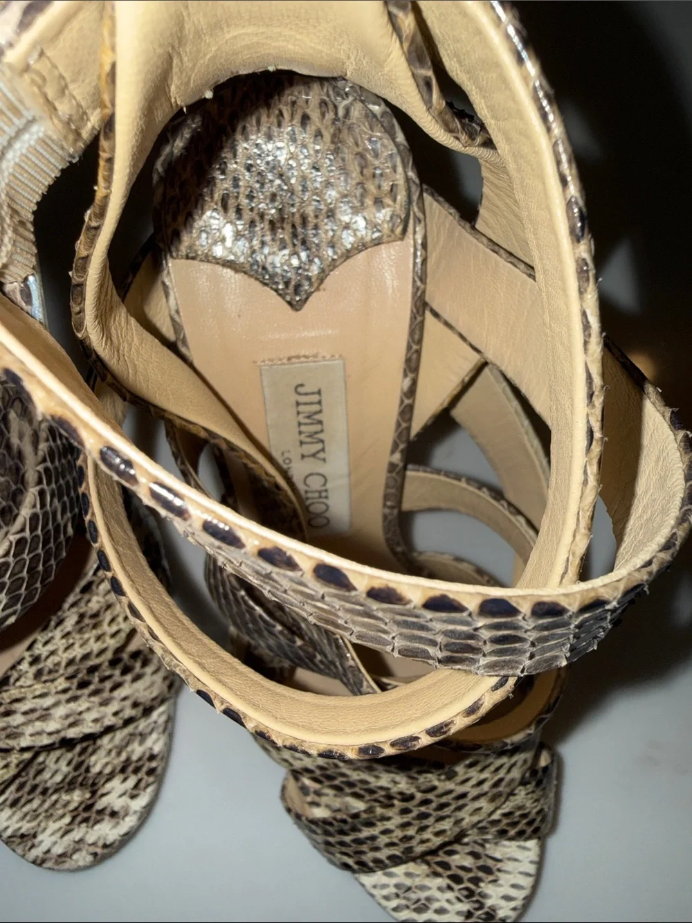 Jimmy Choo Black and Beige Snake-Print Strappy Heels